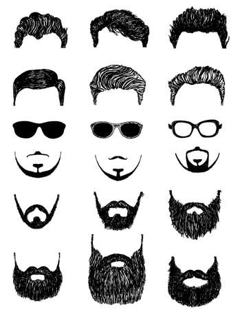 Set of silhouettes of men s beards, hairstyles and glasses. Hand drawn hipster style and fashion vector illustration set. Vector illustrationのイラスト素材
