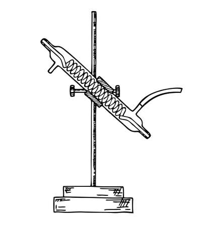 Laboratory glass flask cooler for chemistry experiments or scientific research design. Condenser. Distillation unit element. Sketch iconsのイラスト素材