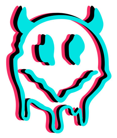 Smile melt face with devil horns burn t-shirt print design. Vector trendy cartoon character illustration. Abstract neon glitch. Smile melt face, demon, hell, techno print for t-shirt, poster conceptのイラスト素材