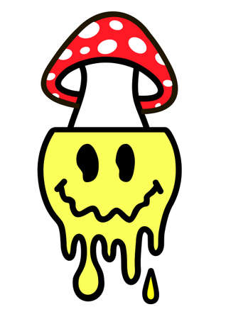 Trippy smile face,amanita mushroom.Vector 90s style cartoon character illustration.Isolated on white.Trippy smile smiley face, amanita mushroom concept. Psychedelic face for t-shirt, sticker, posterのイラスト素材