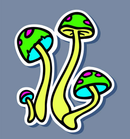 Neon mushrooms sticker. Neon glowing toadstool group. Psychedelic hipster element. Fairytale fungi plant with hallucinogen effect single sticker, clipart.のイラスト素材