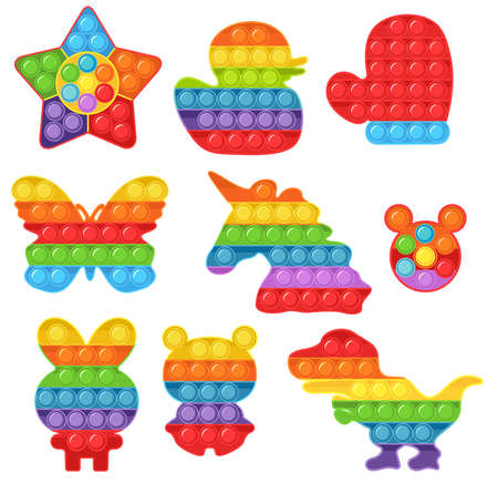 Set of 9 forms   a fashionable silicon toys for fidgets. Bubble sensory   for kids vector illustration. Addictive anti-stress toy in pastel colors. Isolated on a white background.のイラスト素材