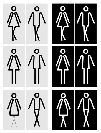 Toilet pictograms for girls and boys. Set. Funny toilet couple signs, desperate pissing women man toilet symbols, funny bathroom door signs, public restroom humor urgent vector silhouettes.のイラスト素材
