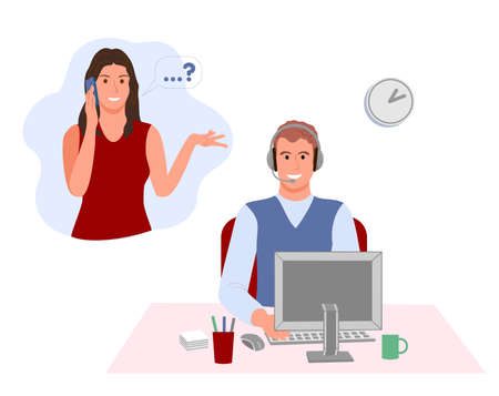 A hotline operator with a headset consults a client. Global online support. operator and client. Technical support concept. Vector illustration in flat design.のイラスト素材