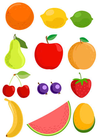 A set of ripe fruits. Set of pear lemon banana cherry fruit icons illustration. Flat styleのイラスト素材