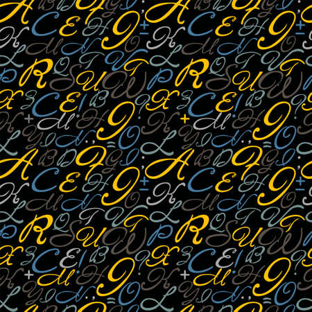 Alphabet seamless pattern. Creative hand-drawn Alphabet pattern. Font color pattern on a black backgroundのイラスト素材