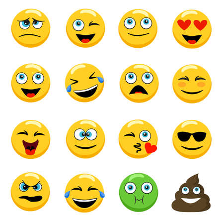 Emoji face sets. Emotions icons. Abstract funny flat style reactions color icon set. Stickers set. Isolated vector illustration on white backgroundのイラスト素材