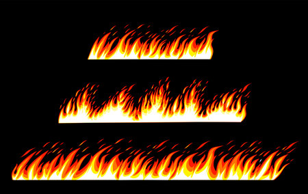 Fire borders on a black background. Cartoon flame banner border elements, orange burn bounds, blazing line vector images isolated. Fire horizontal format.のイラスト素材