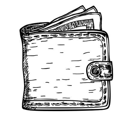 Wallet with paper money. Wallet with money dollars banknotes sketch isolated, money vector icon. Wallet with money. The concept of online payments.のイラスト素材