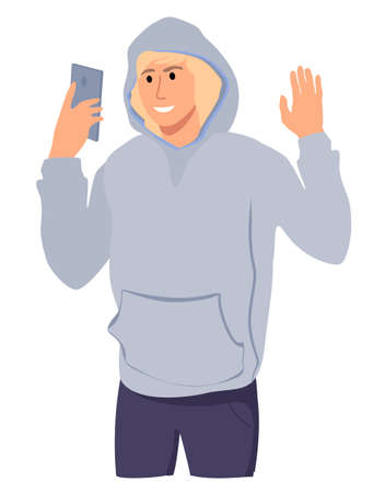 Smiling guy waving hand in greeting for portrait in smartphone camera. Man taking self photo. Mobile phone photography isolated cartoon character on white background. Cartoon Vector Illustrationのイラスト素材