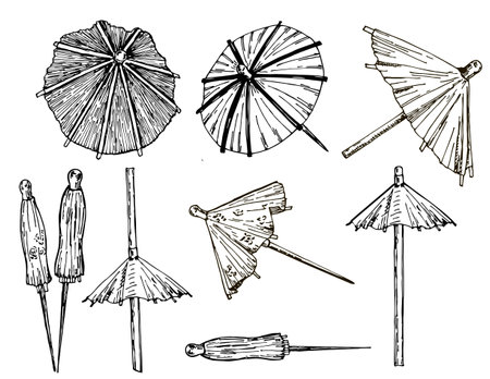 Cocktail umbrella. Cocktail umbrella sketch set. Hand drawn vector illustration isolated on white background.のイラスト素材