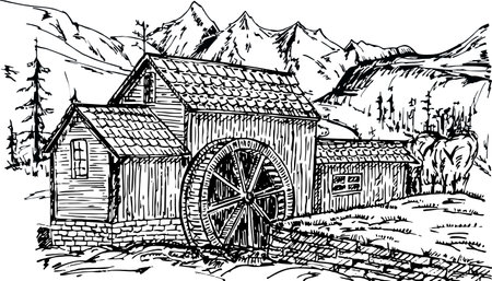 Old water mill sketch. Hand drawn old rustic mills. Vintage illustration. River and mountains landscape hand drawingのイラスト素材