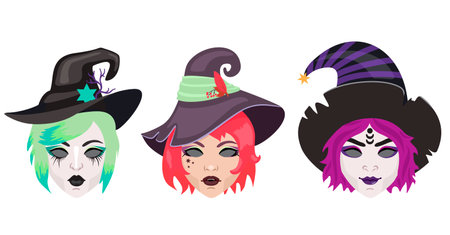 Halloween cartoon witches vector set. Witch wearing typical witch hat. Face painting, witch makeup. Pretty sorceress illustration set. October holiday celebration. Vector Halloween costume elements.のイラスト素材
