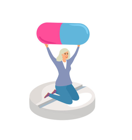 Woman sitting on big pill. Health and treatment concept. Antidepressants and hormonal drugs. Taking vitamins and homeopathy as prescribed by a doctor. Isolated flat Psychological healthcare Vectorのイラスト素材
