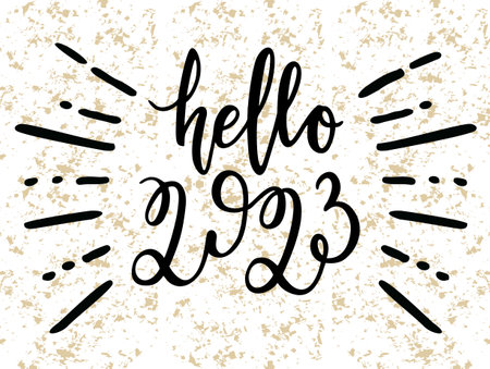 Hello 2023 hand drawn funny banner. New year concept. lettering vector illustration isolated on white background. Festive calligraphy.のイラスト素材