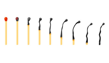 Burnt wooden matches set on a white background. Burnt matches and a whole match. Varying degrees of erosion. Wooden new and burnt, charred matchsticks. Symbol of ignitionのイラスト素材