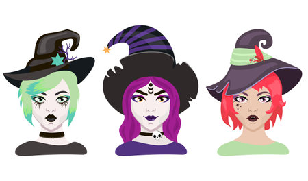 Halloween cartoon witches vector set. Witch wearing typical witch hat. Face painting, witch makeup. Pretty sorceress illustration set. October holiday celebrationのイラスト素材