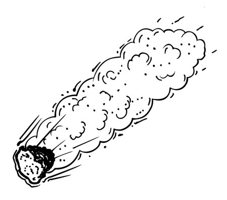 Flying fiery comet, meteorite, meteor sketch. Meteorite with flames and cloud of smoke, cosmic celestial body, meteorのイラスト素材