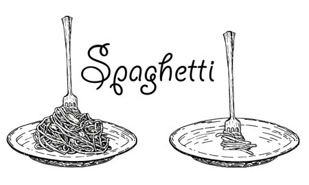 Set Italian pasta on fork and plate. Traditional Italian pasta. Spaghetti sauce, spices and seasonings. Vector vintage illustration isolated on whiteのイラスト素材
