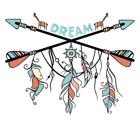 Dream catcher and crossed arrows, tribal legend in Indian style. Dreamcatcher with bird feathers and beads. Vector vintage illustration, isolated. Dream letteringのイラスト素材
