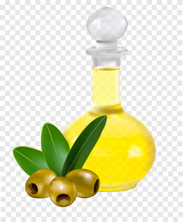 Olive oil in a glass bottle and olives with green leaves, realistic vector illustration isolated on transparent background. Extra virgin olive oil, natural organic cosmeticsのイラスト素材