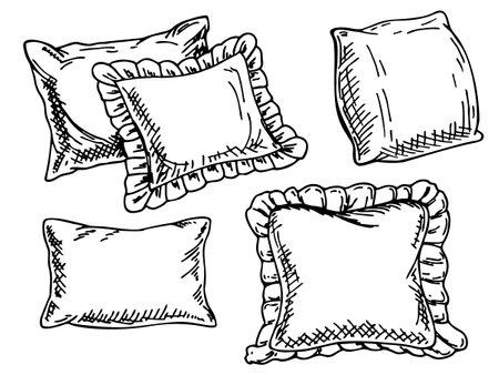Cushion sketch. Home bedroom pillows. Cozy hand drawn feather bedding lay in stack. Interior comfortable sketch elements. Vectorのイラスト素材