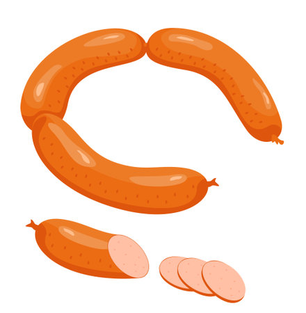 Boiled sausage. Tasty food. Freshly made butchers sausages. Sausages tied together. A food ingredient. Ready made foodのイラスト素材