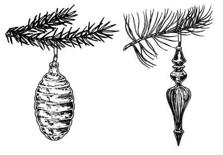 Old Christmas tree ball and icicle toy for vintage Xmas design. Sketch Christmas baubles. Christmas tree and decorations. Hand drawn Merry Christmas and Happy New Yearのイラスト素材
