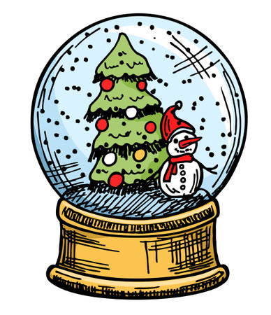 Merry Christmas glass ball. Christmas snow globe isolated. Winter in glass ball, crystal dome with snowflake and Christmas tree and snowmanのイラスト素材