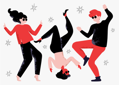 A group of smiling happy dancing men and women. Diverse modern man and woman dancing from joy and fun. Dancing at the disco abstract compositionのイラスト素材