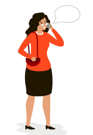 Young woman talking on the cellphone. Cute smiling woman in glasses with a gadget. Cartoon character isolated on white background.のイラスト素材