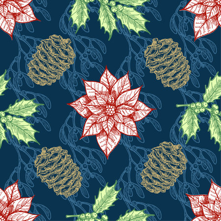 Seamless pattern with hand drawn poinsettia flowers, floral branches, berries, mistletoe, Christmas florals and cones. Repeatingのイラスト素材