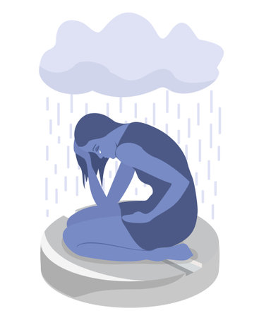Depressed Sad woman sit on drug tablet. Depression pills isolated on white background. Depression drugs. Psychological illness concept. Vectorのイラスト素材