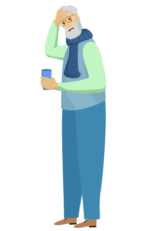 An elderly man got sick. Old man holds his hand on head. Dizziness and severe headache. Disease treatment. Care for person. Vector illustrationのイラスト素材