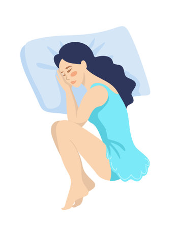 A young beautiful woman sleeps on her side with her legs crossed. Cute girl resting after a working or school day. Simple flat vector illustration in flat style. View from above.のイラスト素材