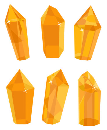 Yellow crystals. Vector illustration on a white background. Rough glowing rocks stalagmites, isolated jewelry precious or semiprecious gemstones. Vector setのイラスト素材