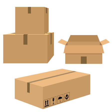 Delivery carton containers or mail boxes. Set. Box with fragile signs. Cardboard box mockup set. Open and closed cardboard box. Trucking, delivery, logistics, packagingのイラスト素材