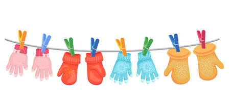 Different mittens hanging on the rope, set, vector illustration. Wool winter glovesmittens dry and hang on laundry string with clothespins. Vector illustrationのイラスト素材