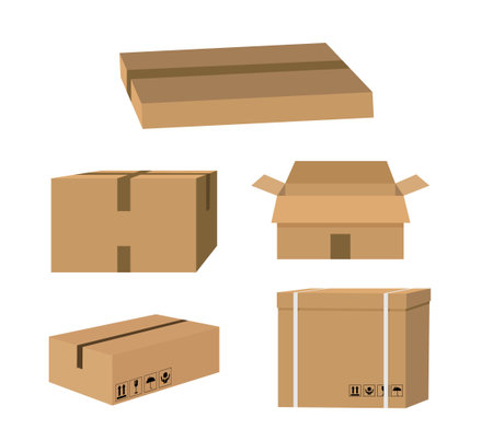 Delivery carton containers or mail boxes. Set. Box with fragile signs. Cardboard box mockup set. Open and closed cardboard box. Trucking, delivery, logistics, packagingのイラスト素材