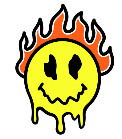 Smile melt face burn in fire t-shirt print design. Vector hand drawn trendy cartoon character illustration. Retro distorted melting burning Smile. Smile emoji face illustrationのイラスト素材