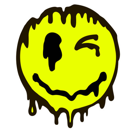 A melting smile. Psychedelic surreal techno acid LSD melt smile face logo. Dripping smile. Good mood. Positive emoji. Molten. Vector. Emoji face. Graffiti drawing, youth design, for T-shirtのイラスト素材
