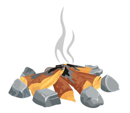 Extinct fire bonfire, Flat campfire isolated on white background. Wood campfire. Wood material branches, planks, logs. Vector flat style illustration.のイラスト素材