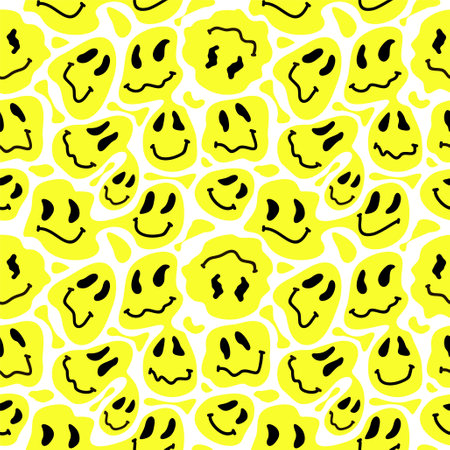 Funny melt smiley faces seamless pattern. Lava lamp, water drops, drug trip style. Retro vintage color palette. Hand drawn abstract Smile faces melt, acid, trippy wallpaper print conceptのイラスト素材
