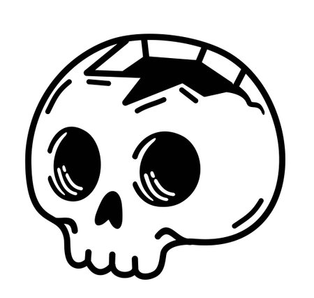 Cracked cute skull cartoon. Skull with a hole, Cute cartoon skull for holiday, vector illustration on white background. Tattoo and t-shirt design black and white hand drawn illustrationのイラスト素材