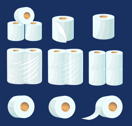 Toilet paper roll. Vector toilet tape and kitchen paper towel. Rolls of paper towels. Hygiene tissue package mockup. Paper napkins tube vector illustrationのイラスト素材