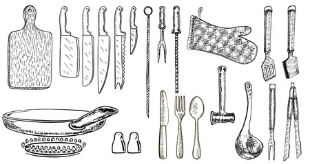 Set of kitchen utensils. Kitchen tools. Hand-drawn dishes and cutlery. Cooking tools for home and restaurant. Vector illustration on white background. Knives, cutting board, grabbing, cutleryのイラスト素材