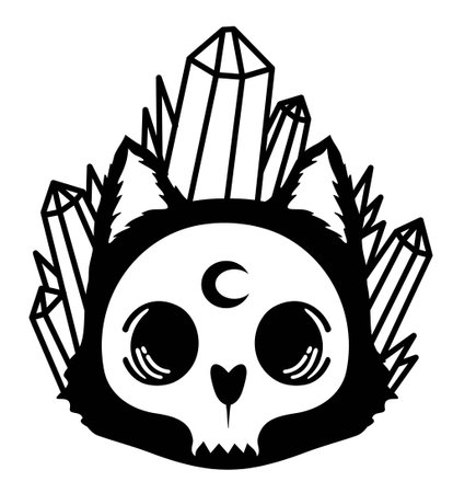 Cute cartoon cat skull. Magic crystals and cat s skull. Vector illustration on dark background isolated on white. Cat silhouette. Tattoo, symbol line art drawing, boho print, poster, t-shirt, textilesのイラスト素材