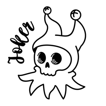 Hand drawn skull in jester fools cap. Cute joker skull. Vector isolated black and white illustration in engraving tattoo style.のイラスト素材