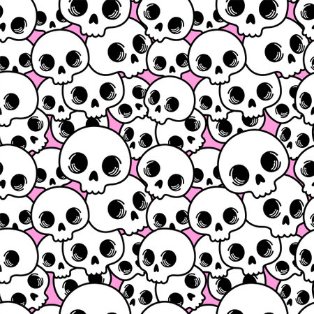 Cute pattern of human skulls. Funny skull faces. Monochrome ornament. Scary Halloween pattern. Suitable for printing on fabric. Cute skulls. Halloween seamless illustration.のイラスト素材