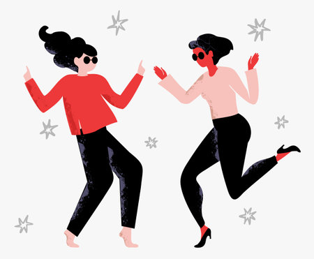 Two dancing girls. Modern stylish dancers in motion in studio, stage or dance hall. Dance party. Modern portrait in a minimalist, bohemian, flat style. Vector illustration. Flat design.のイラスト素材